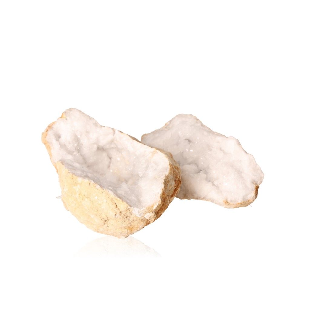 Quartz geode with milky white crystals and rugged outer shell, ideal for energy cleansing and promoting tranquility and focus.