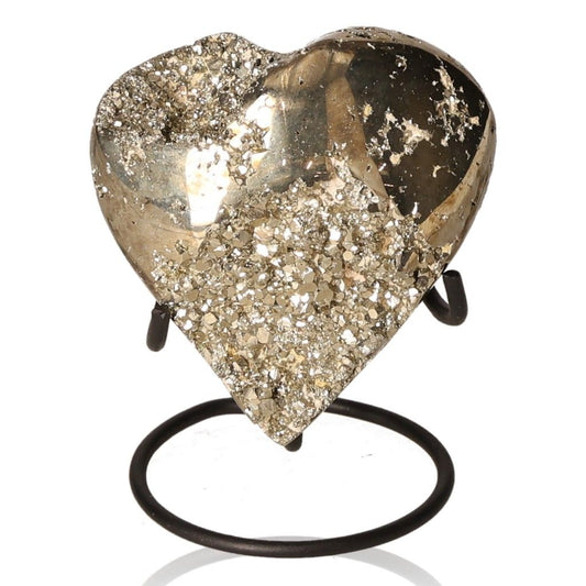 Pyrite heart gemstone on a stand, symbolizing independence and courage, perfect for inspiring new ideas and motivating action.