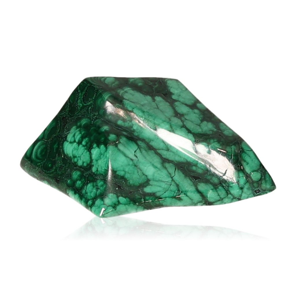 Polished malachite stone with unique green patterns and a glossy finish.