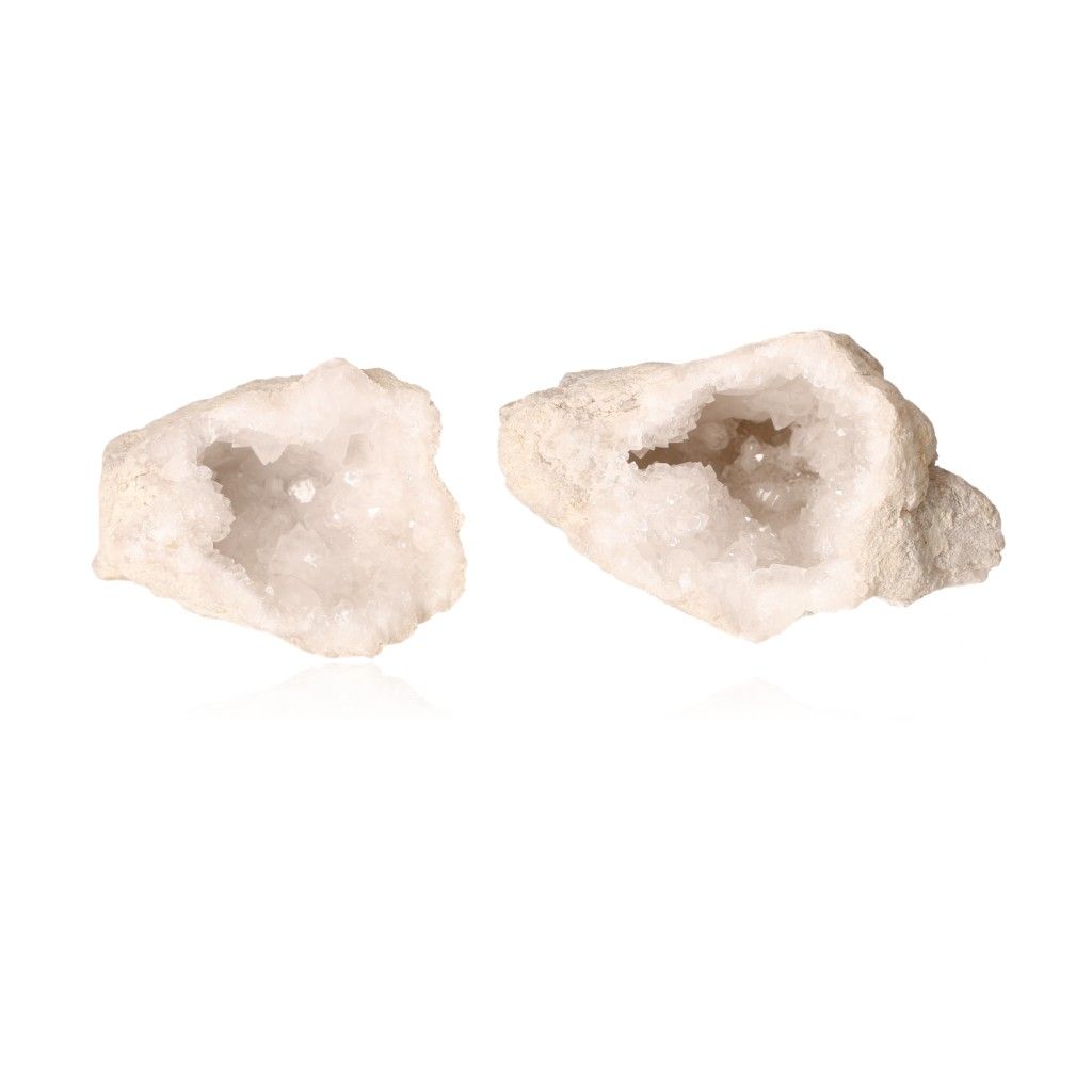 Milky quartz geodes with rugged shell and sparkling white crystals, ideal for energy balance, focus, and positive vibes.