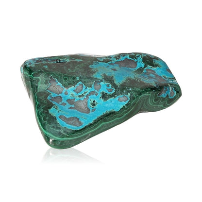 Blue Chrysocolla with Malachite gemstone showing calming blue and green hues for balance and transformation.