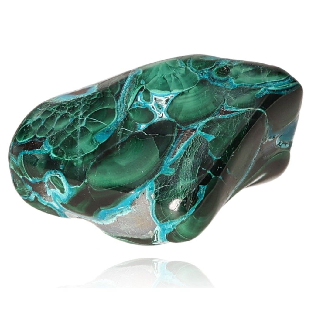 Blue Chrysocolla with Malachite gemstone showcasing calming and transformative properties for balance and tranquility.