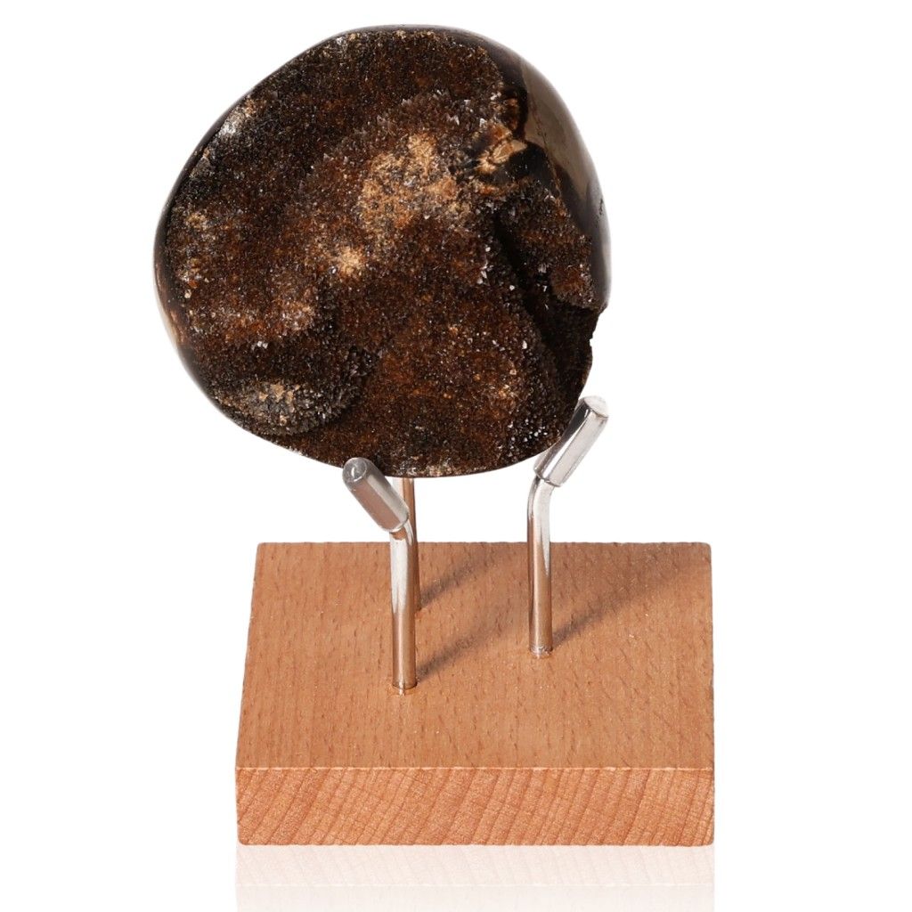 Dragon Stone, also known as Septaria, displayed on a wooden stand showcasing its unique mineral appearance and rich symbolism.