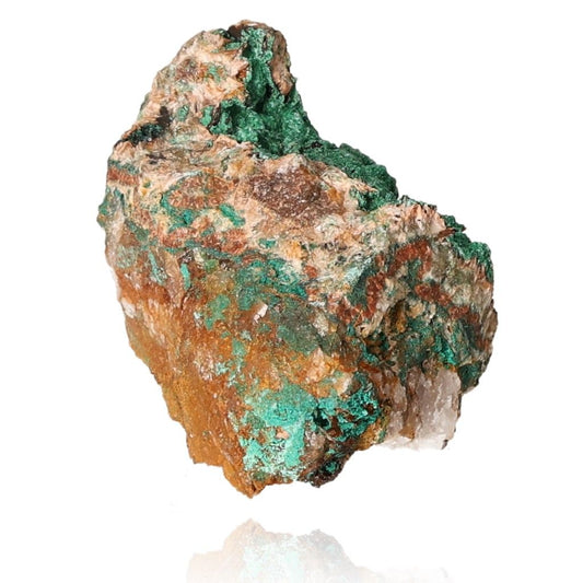 Raw malachite stone with vibrant green swirls and earthy textures, known for energizing and calming properties.