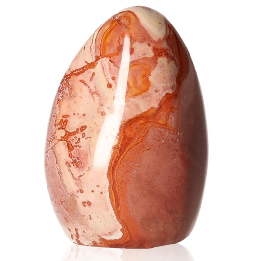 Polished Polychrome Jasper free form stone with vibrant shades of red, orange, and brown on a white background.