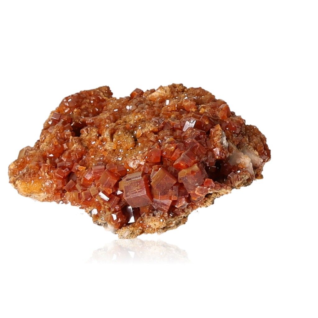 Vanadinite druze with hexagonal reddish-brown crystals and glassy surface, enhancing focus and motivation.