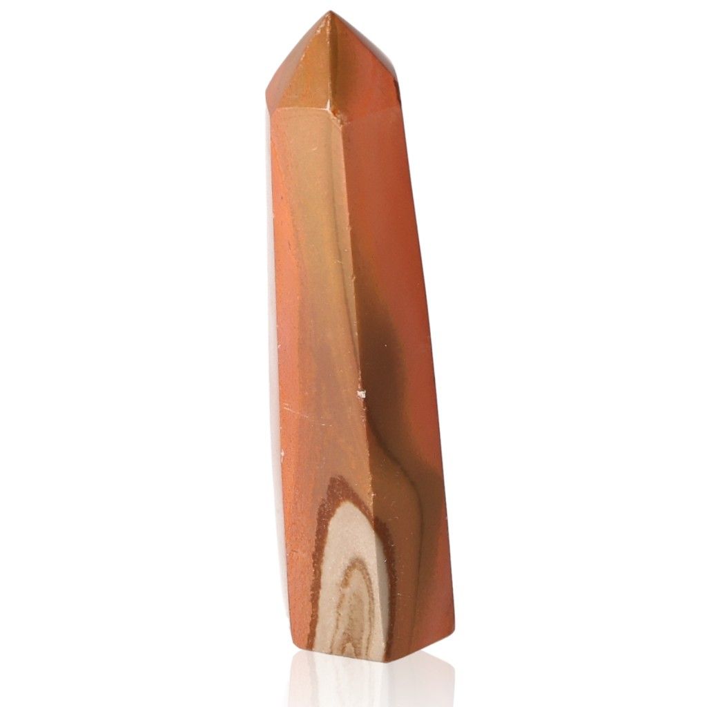 Polychrome Jasper Tower with vibrant red, orange, and brown bands, known for grounding and energizing properties.