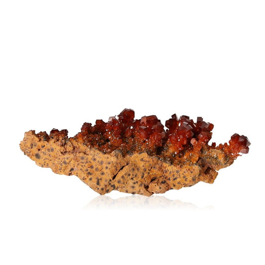 Vanadinite druze featuring reddish-brown hexagonal crystals with a glassy surface on a natural rock base.