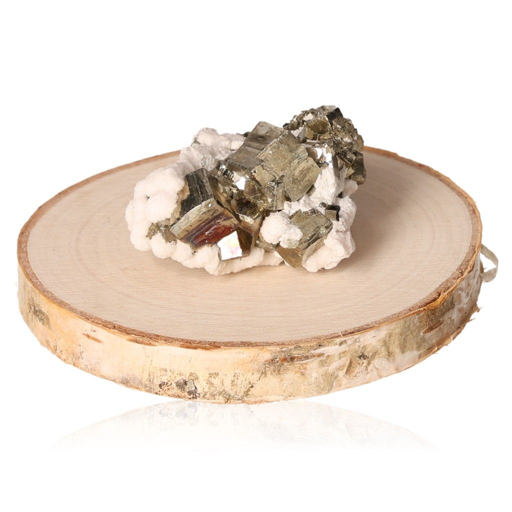 Pyrite druzy on wooden base, inspiring courage and independence while stimulating action and new ideas.