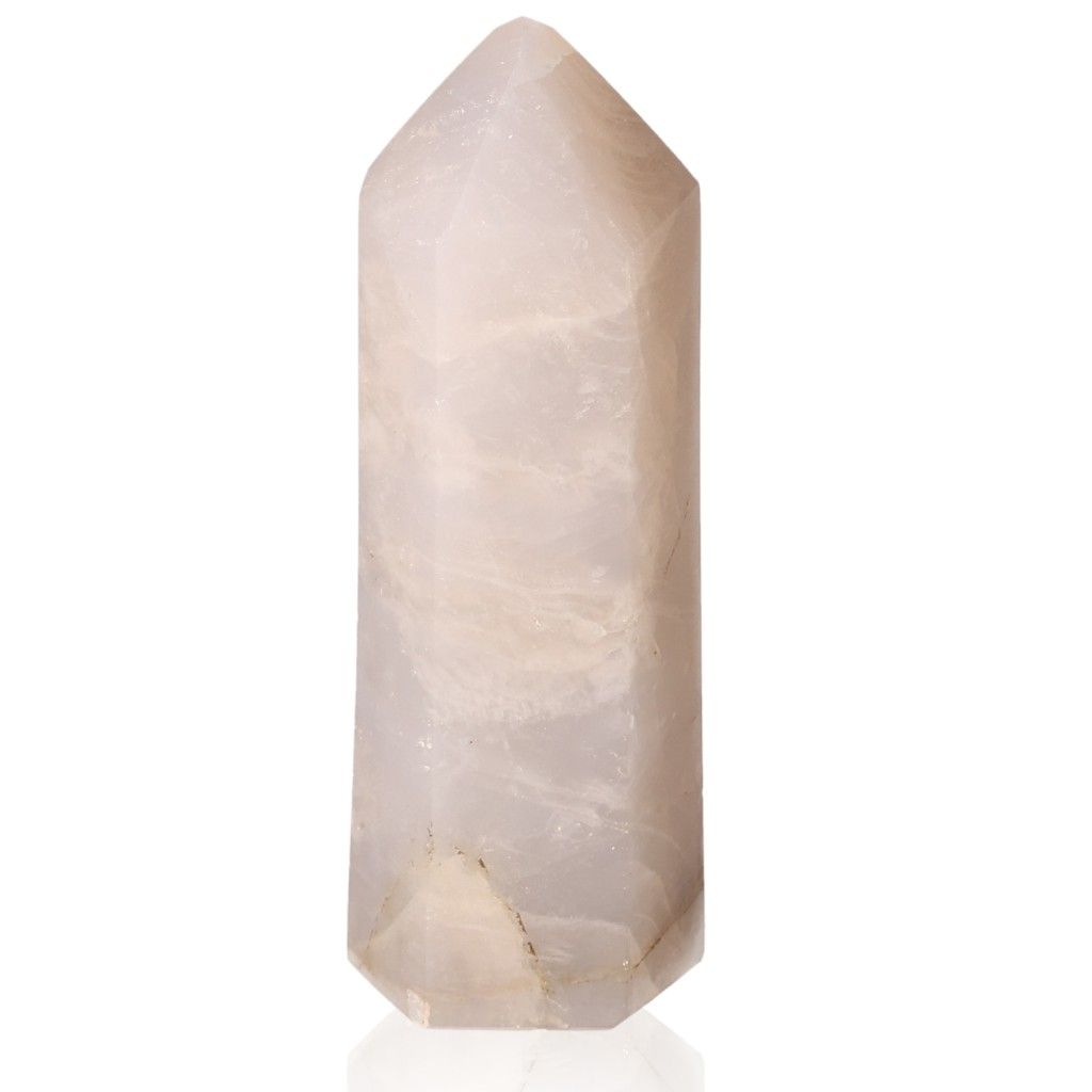 Quartz Tower crystal with ethereal selenite finish, capturing light with natural striations for a calming, harmonious atmosphere.