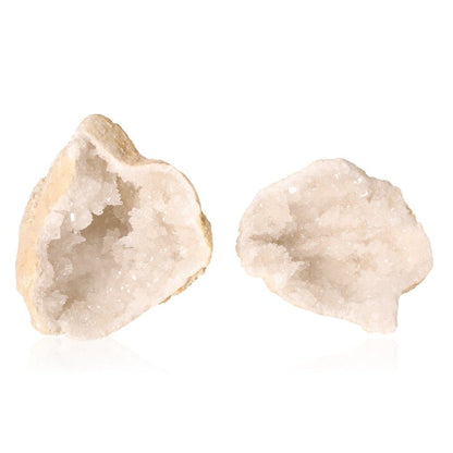 Quartz geode with milky white crystals and rugged exterior, ideal for energy cleansing and enhancing tranquility.