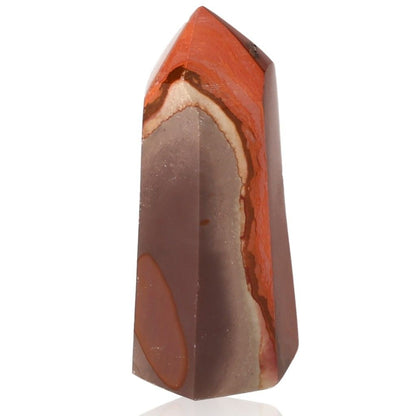 Polychrome Jasper Tower with vibrant bands of red, orange, and brown, known for its grounding and energizing properties.