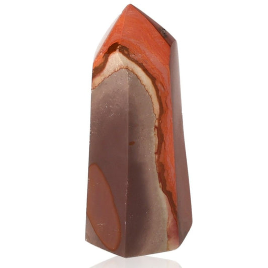 Polychrome Jasper Tower with vibrant bands of red, orange, and brown, known for its grounding and energizing properties.