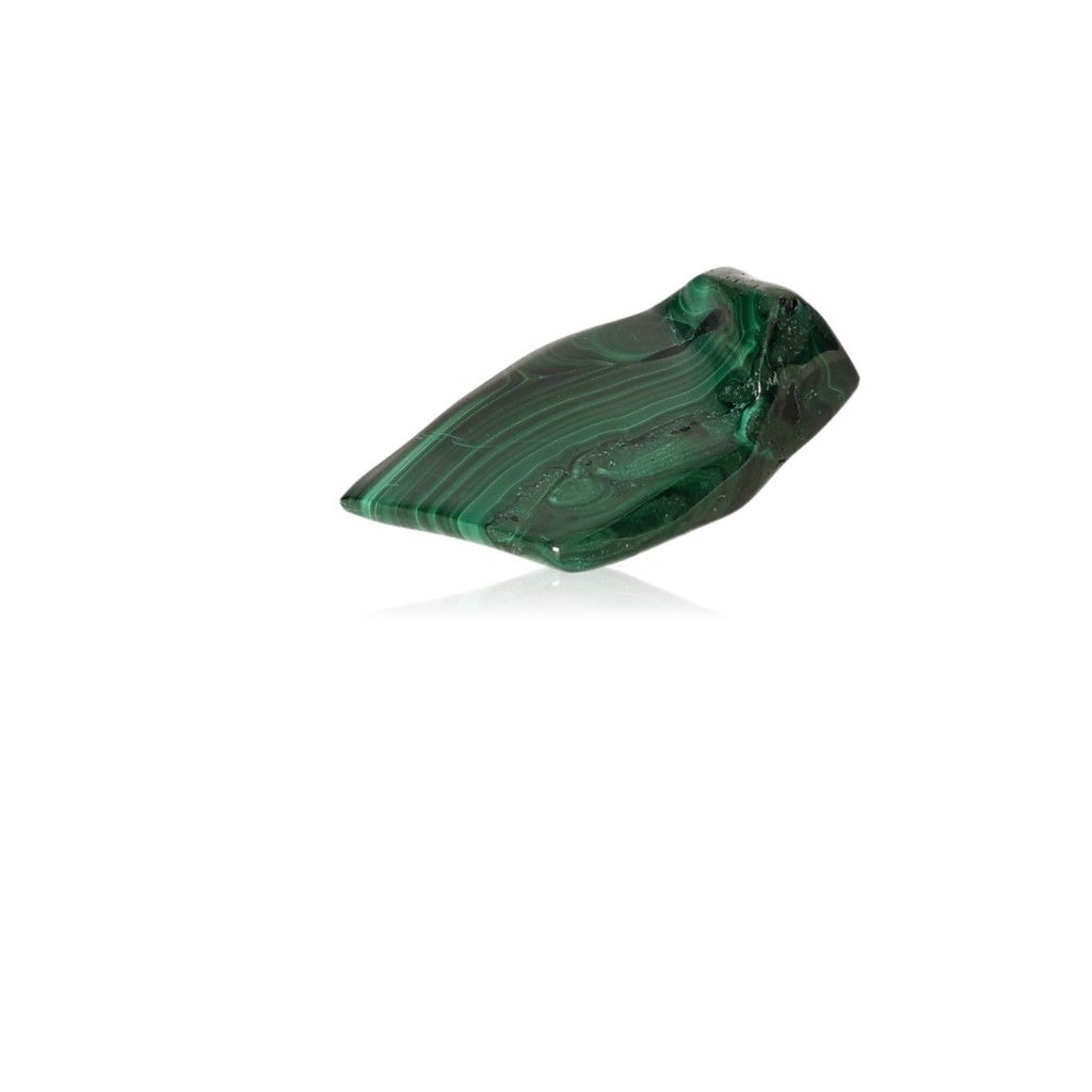 Polished malachite stone with green patterns, symbolizing nature's soothing energy and promoting courage and optimism.