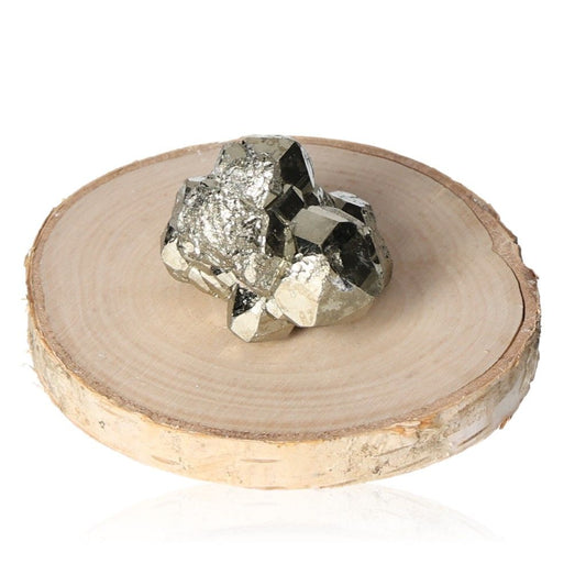 Pyrite druze on wooden coaster, enhances independence and motivation. Great for inspiring new ideas and achieving goals.