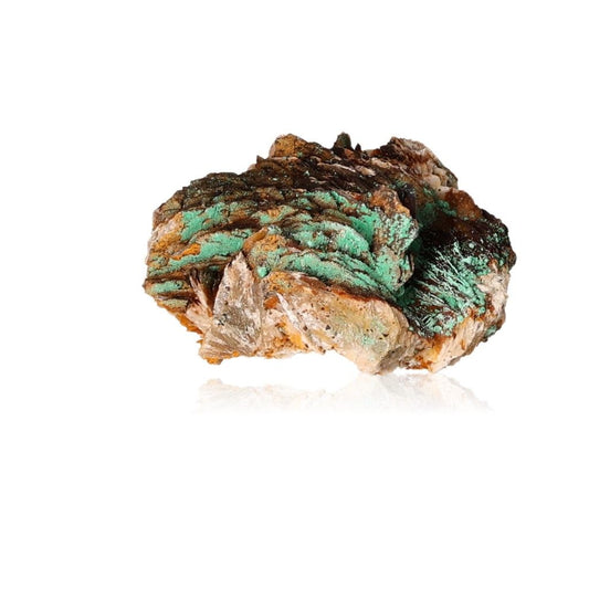 Malachite druze stone on white background, showcasing green and brown hues for inner harmony and optimism.