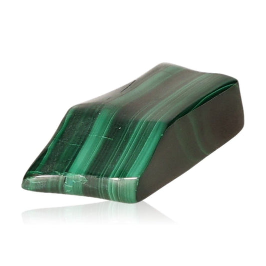 Polished malachite stone displaying rich green bands and smooth surface, symbolizing nature's soothing energy and inner harmony.