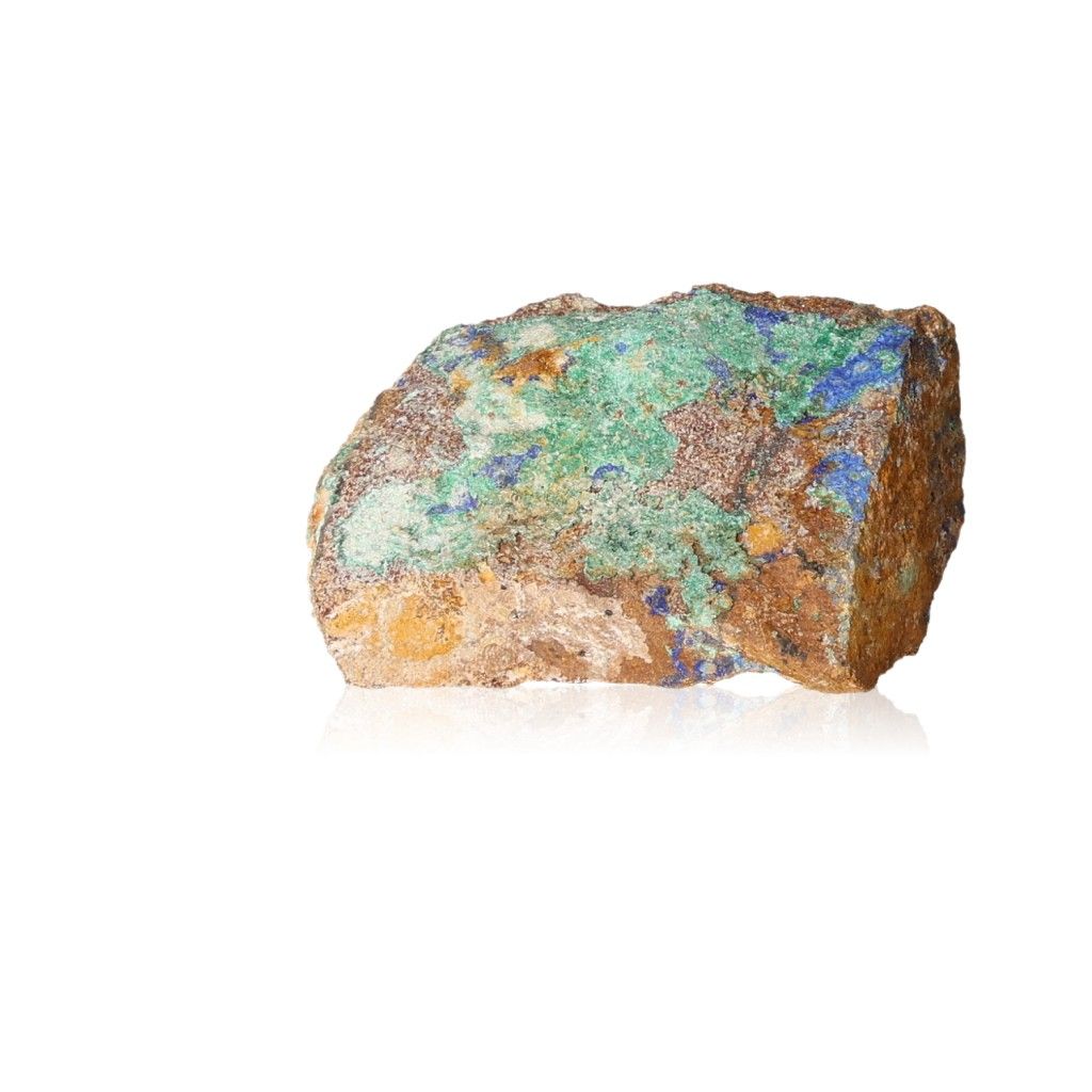 Raw malachite stone showcasing vibrant green and blue hues on white background