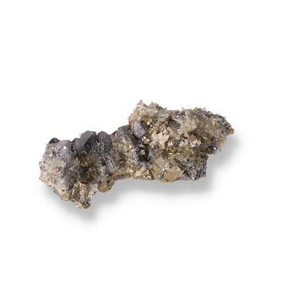 Galena with Pyrite mineral specimen showcasing metallic luster and intricate crystal formation against a white background.