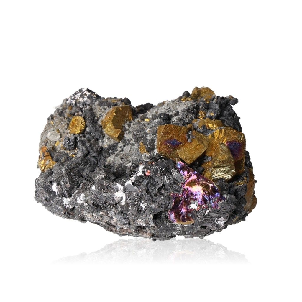 Museum quality Galena with Chalcopyrite, Sphalerite mineral specimen featuring vibrant colors and unique crystalline formations.