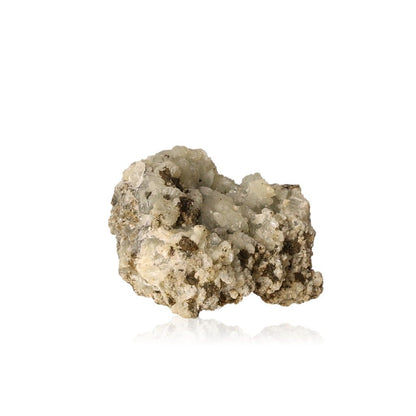 Rough Prehnite Druze stone with a textured surface on a white background.