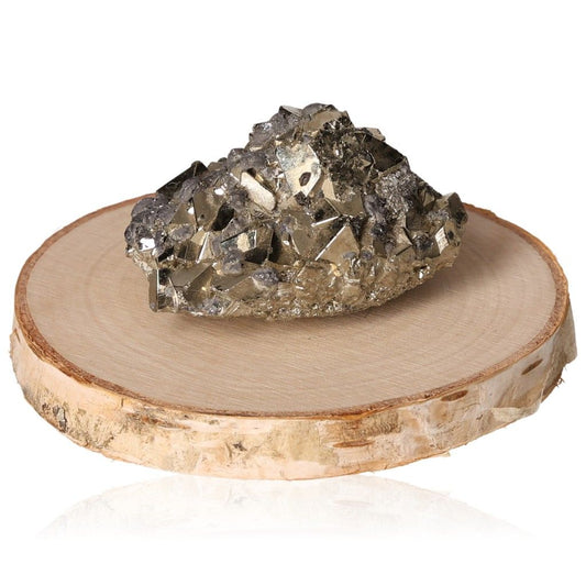 Pyrite druze on wooden base, inspiring creativity and courage for personal growth and achievement.