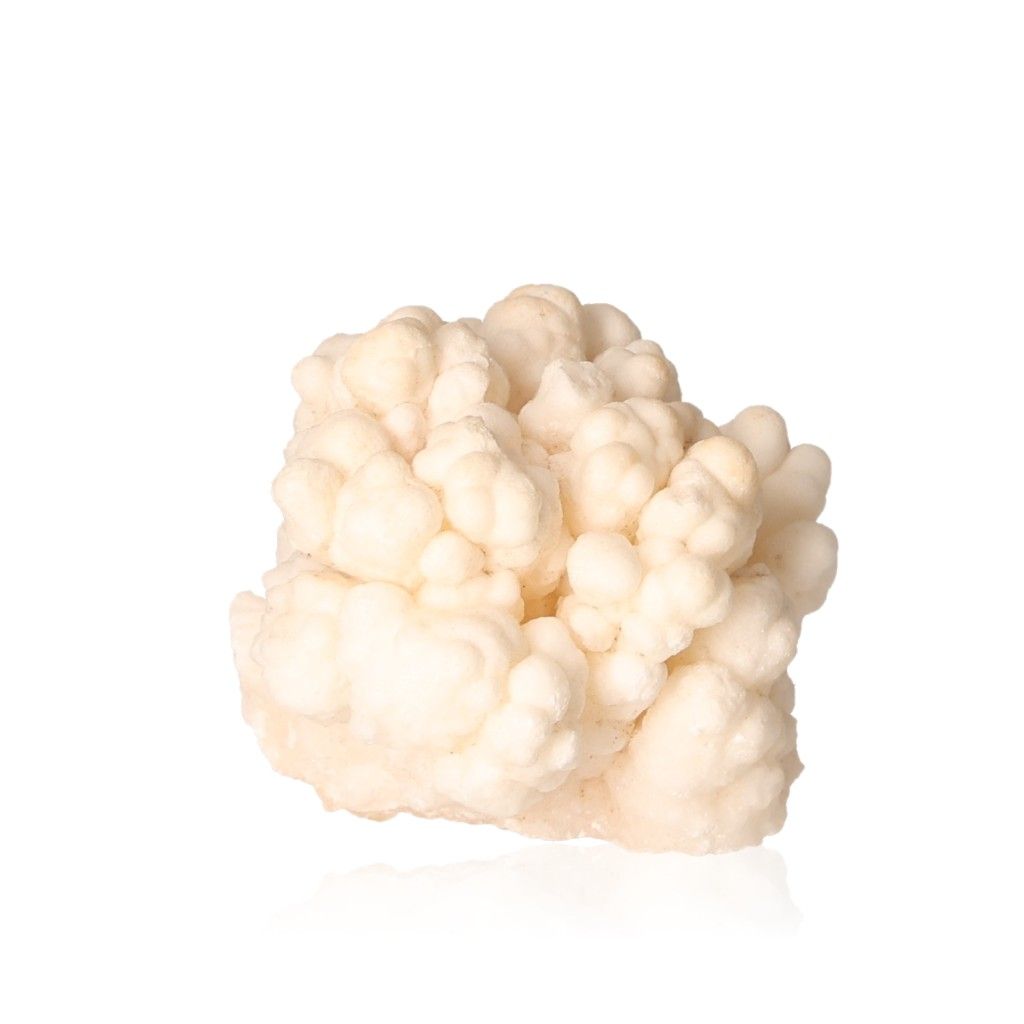 Cave calcite stalactite cluster with intricate natural shapes and layered textures on a white background.