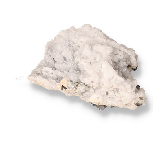 White quartz crystal rock isolated on white background, showcasing its natural formation and unique energetic properties.