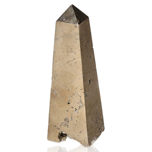 Polished pyrite obelisk promoting independence and courage, ideal for inspiring new ideas and motivating action and goal achievement.