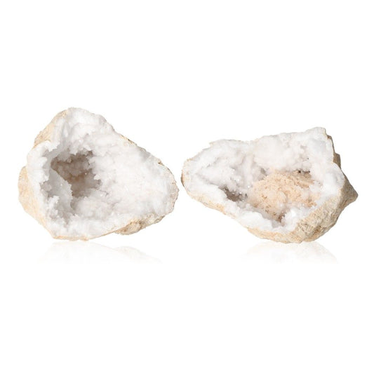 Quartz geode with milky, cloudy white crystals, showcasing a rugged shell and sparkling interior, ideal for energy balancing and purification.