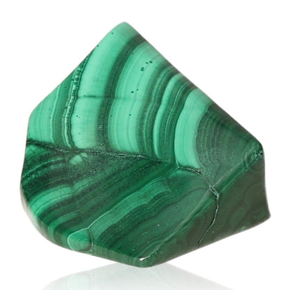 Polished green malachite stone with distinct banding, known for its soothing energy and aid in navigating life changes.