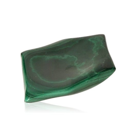 Malachite stone with deep green hues, known for its soothing energy, courage, and positivity.