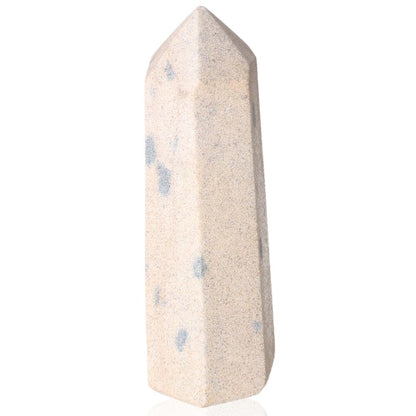 Spinel Tower crystal in unique blue and white pattern, symbolizing spiritual connection, intuition, clarity, and chakra activation.