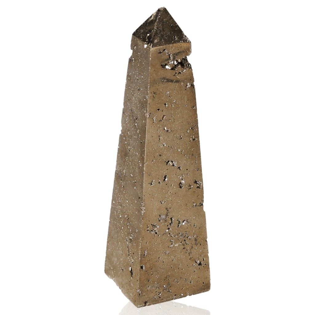 Shiny pyrite obelisk for enhancing independence and courage, ideal for motivating action and achieving goals.