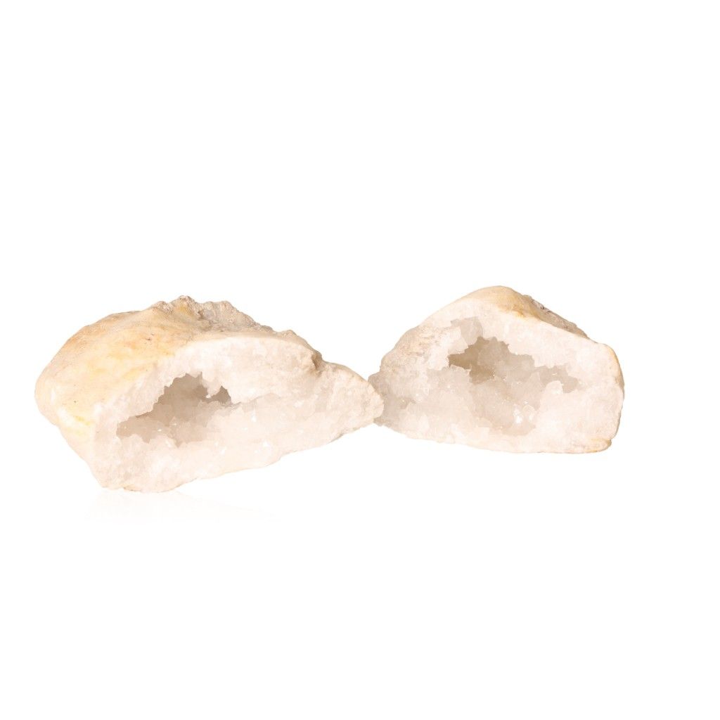 Milky quartz geode revealing sparkling white crystals, perfect for energy balance and promoting tranquility and clarity.