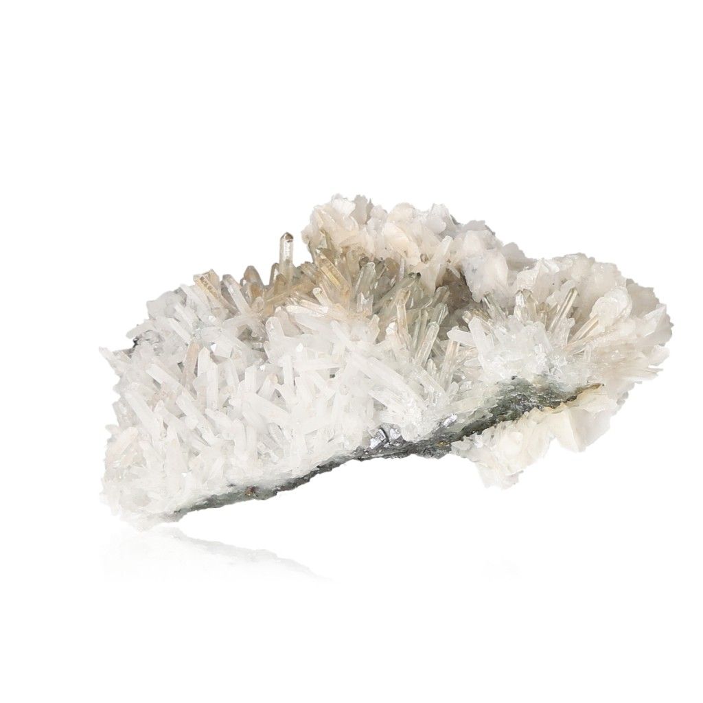 Clear quartz mineral cluster with unique crystal formations for energetic healing and chakra support on white background.