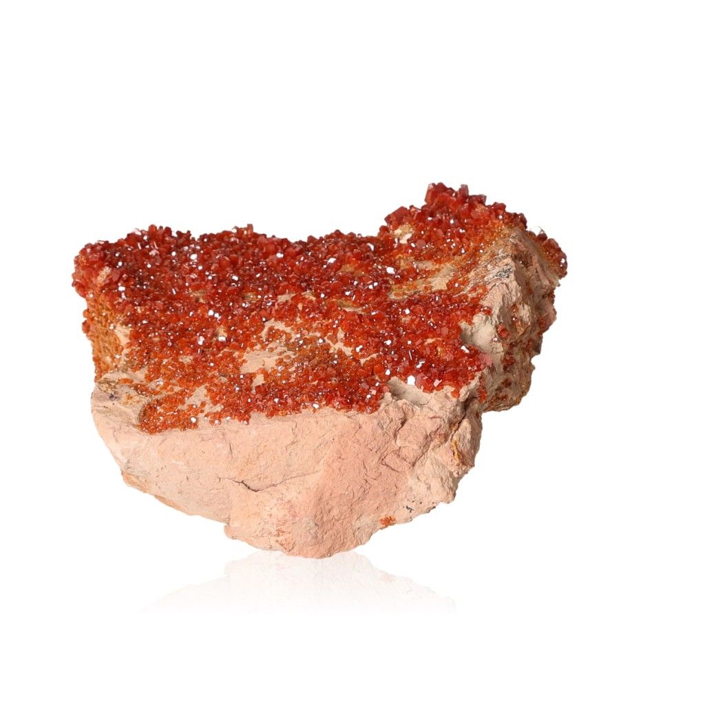 Vanadinite Druze stone with vibrant orange hexagonal crystals and glassy surface enhances focus and motivation.