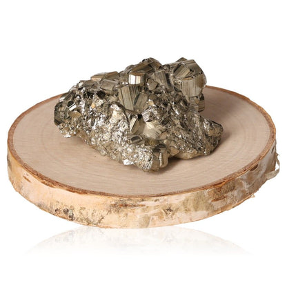 Pyrite druze on wooden base, inspirational stone for independence and courage, ideal for new ideas and goal achievement.