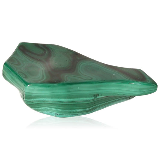 Polished Malachite stone with green swirls, known for soothing energy and promoting courage and optimism.