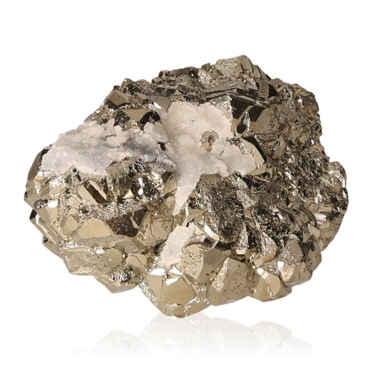 Shiny pyrite druzy mineral cluster on a white background, promoting independence and motivation.