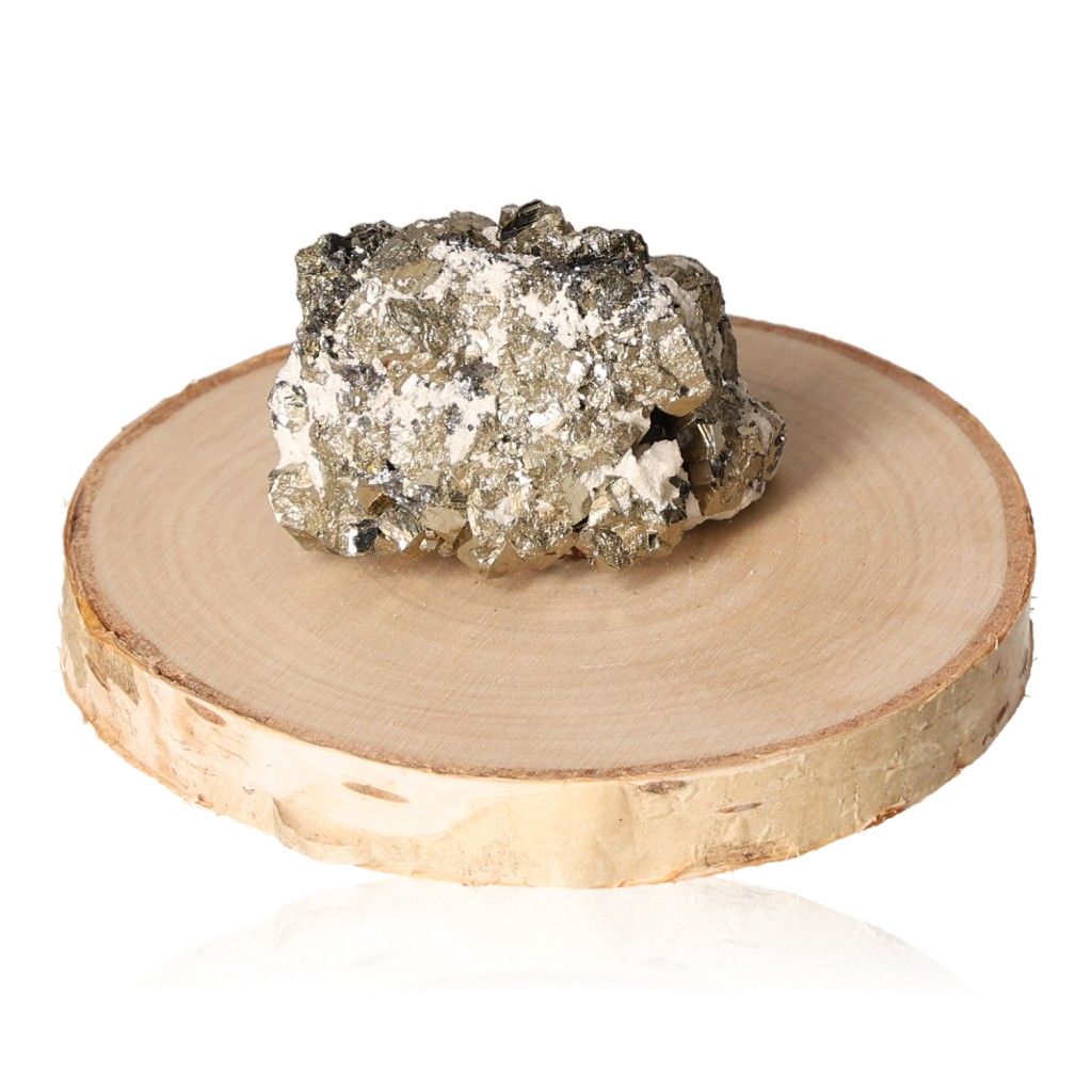 Pyrite druzy displayed on a wooden slab, promotes independence and courage, perfect for new ideas and goal achievement.