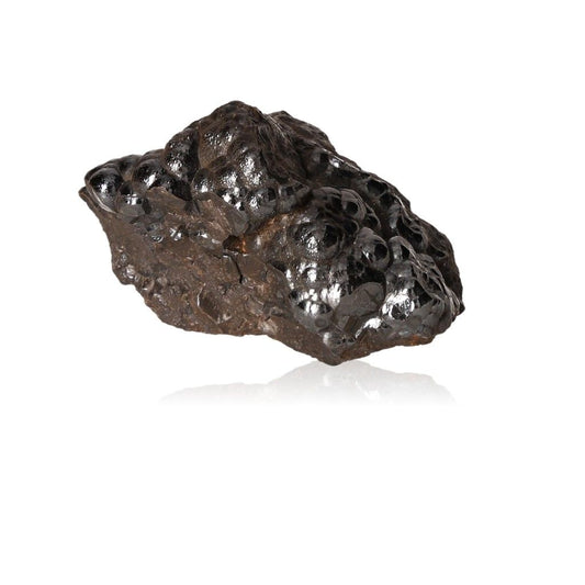 Polished botryoidal hematite crystal cluster, metallic shimmer, grounding energy, emotional balance, spiritual growth stone.