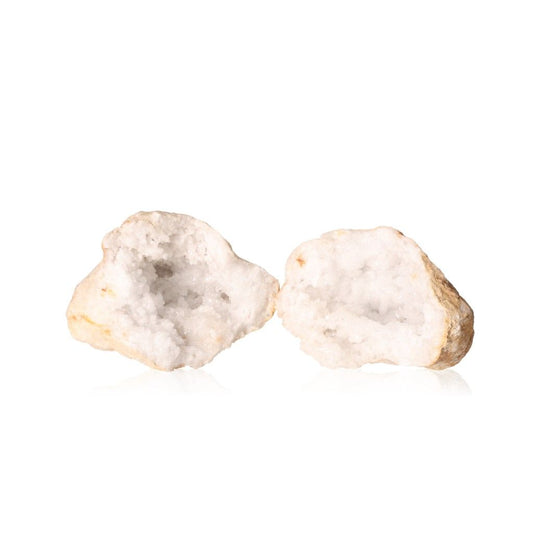 Milky quartz geode split open revealing sparkling white crystals inside with earthy outer shell, perfect for cleansing spaces and boosting focus.