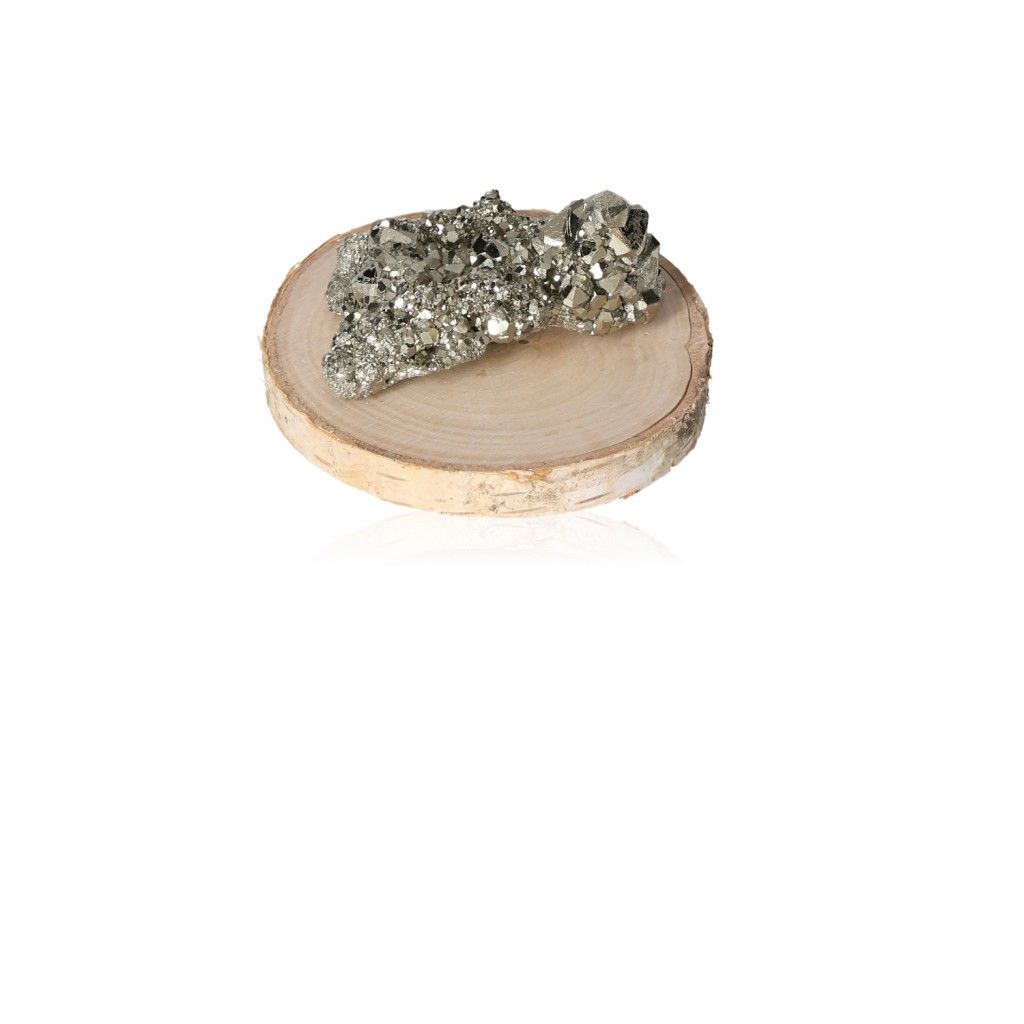 Pyrite druze crystal on a wooden slice, symbolizing independence and courage, ideal for inspiring new ideas and achieving goals.