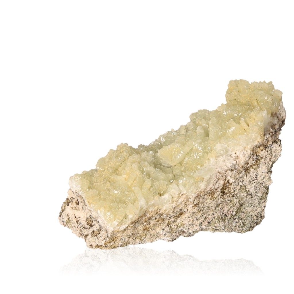 Pale green Prehnite Druze gemstone with a calming crystalline structure, ideal for promoting inner peace and spiritual growth.