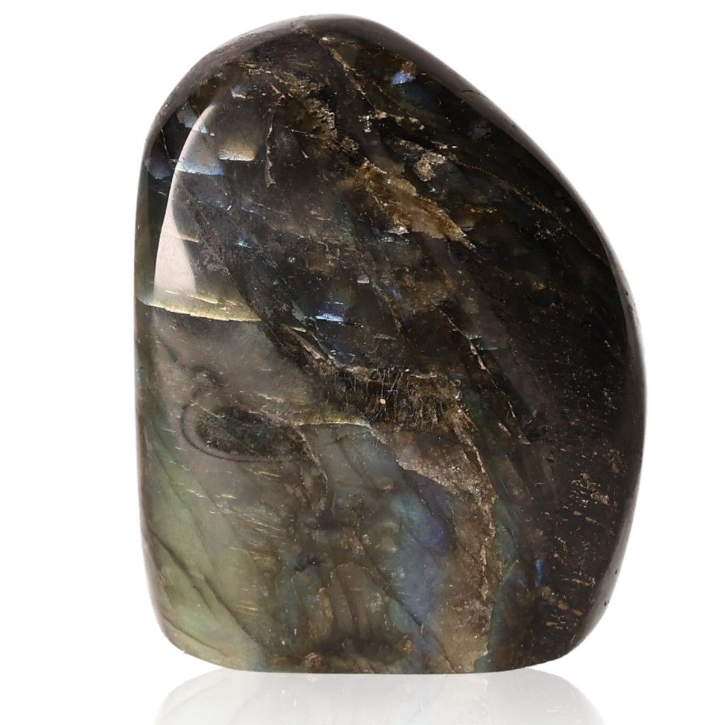 Labradorite polished cut base with mesmerizing colors by Sylvia Crystals, offering elegance and transformative energy.