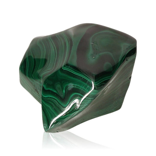 Polished malachite stone with rich green hues displaying natural patterns, known for soothing energy and promoting courage and optimism.