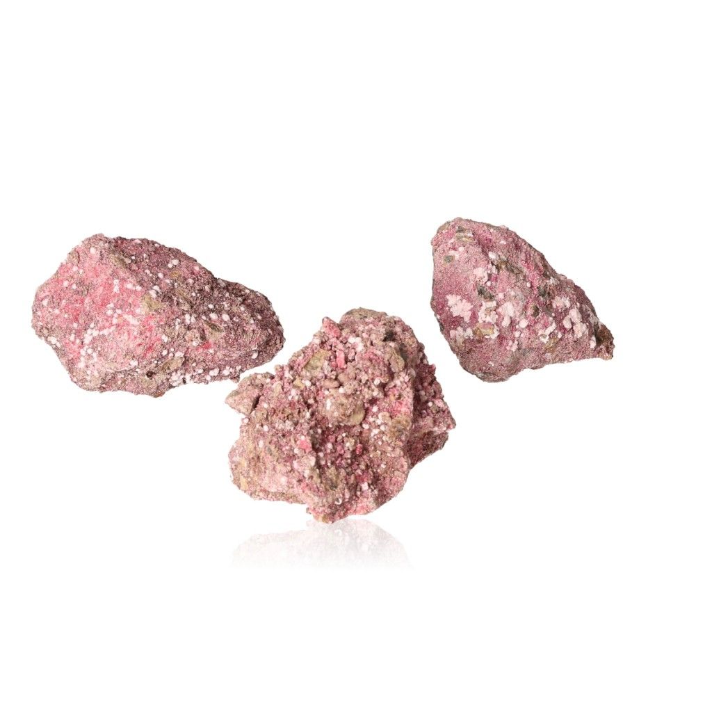 Picropharmacolite mineral trio with pink crystal formations, perfect for collectors seeking calming and balancing energy.