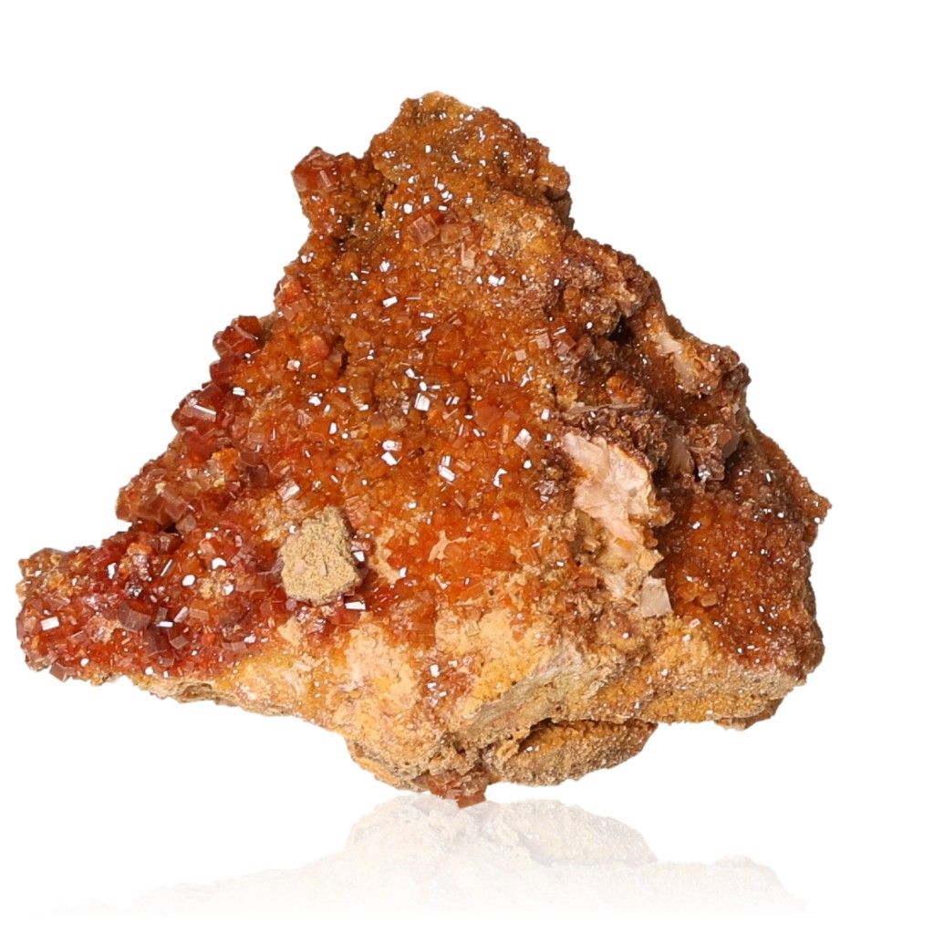 Vanadinite Druze with hexagonal crystals and glassy surface in reddish-brown and orange hues, enhancing focus and motivation.