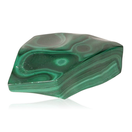 Polished malachite stone with deep green hues and swirling patterns, known for its calming and energizing properties.